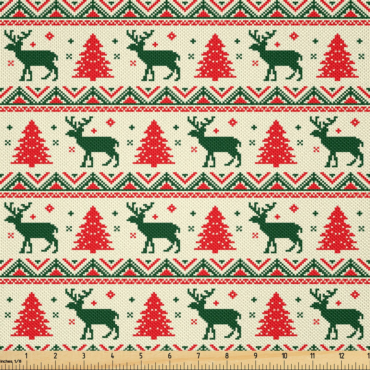 Ambesonne Nordic Fabric by The Yard, Pixel Art Inspirations Christmas Ornamental December Reindeers Vintage, Decorative Satin Fabric for Home Textiles and Crafts, 1 Yards, Emerald Beige Scarlet
